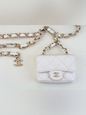 CHANEL White Caviar Mini Flap Belt Bag & Chain Belt